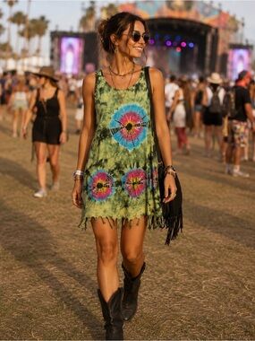 Model France Tie Dye Fringe Tank Dress Boho Festival Hippie XL